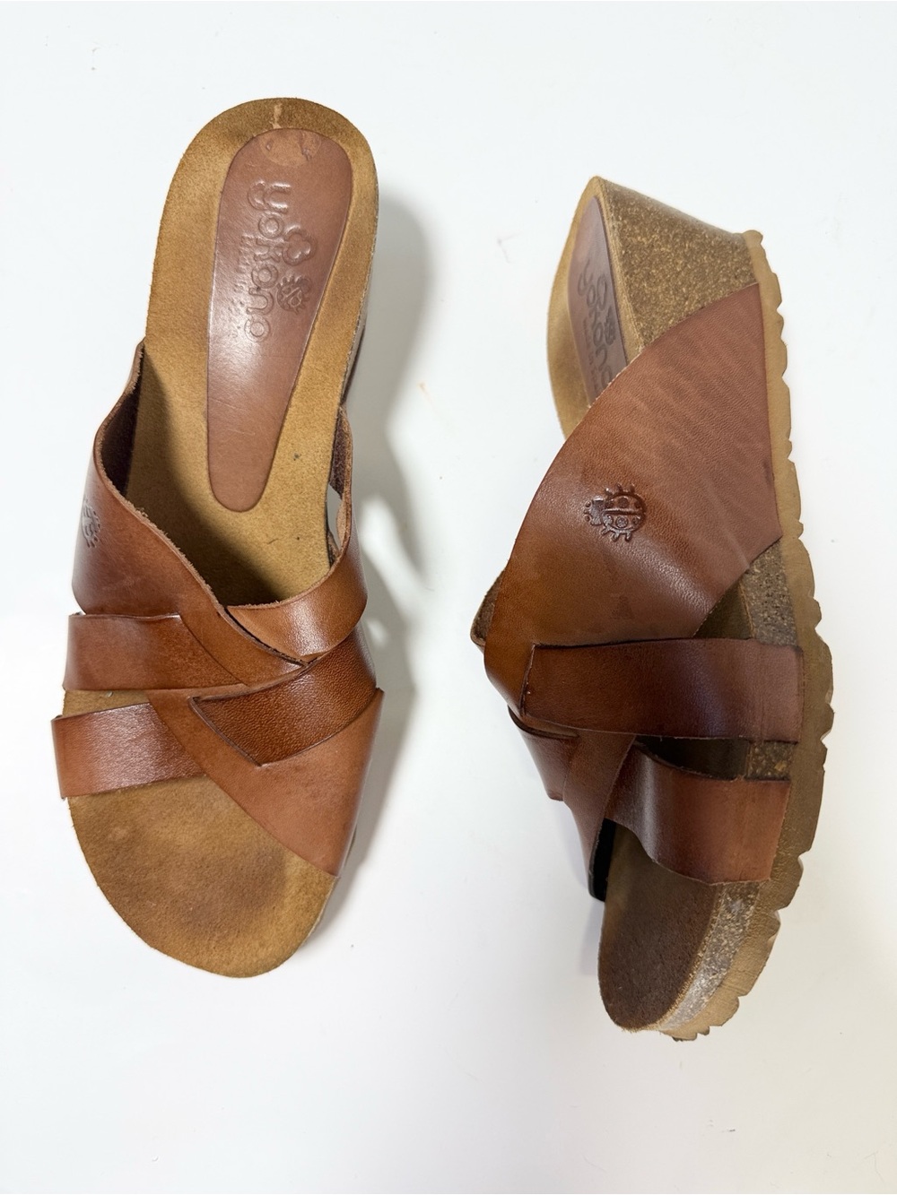 Yokono Canela Brown Leather Wedge Strappy Chunky Sandals S-628 Sz 9